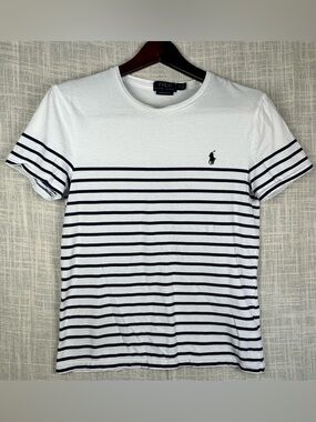 Polo Ralph Lauren Striped Tee White Navy Custom Slim Fit Logo Shirt Small